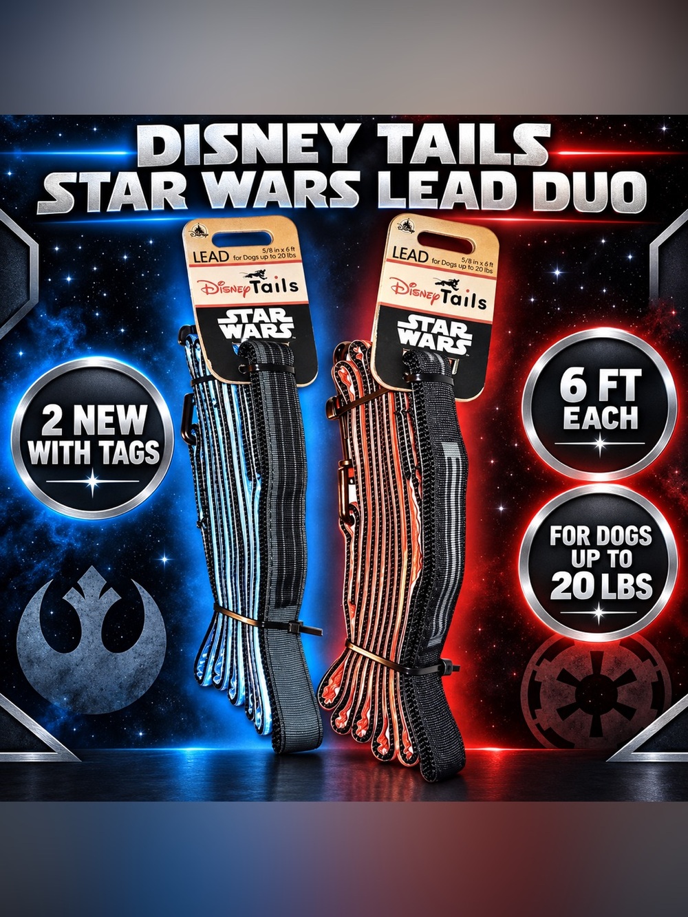 Disney Tails Star Wars Dog Leashes - Blue & Orange Striped Nylon (2 Pack)